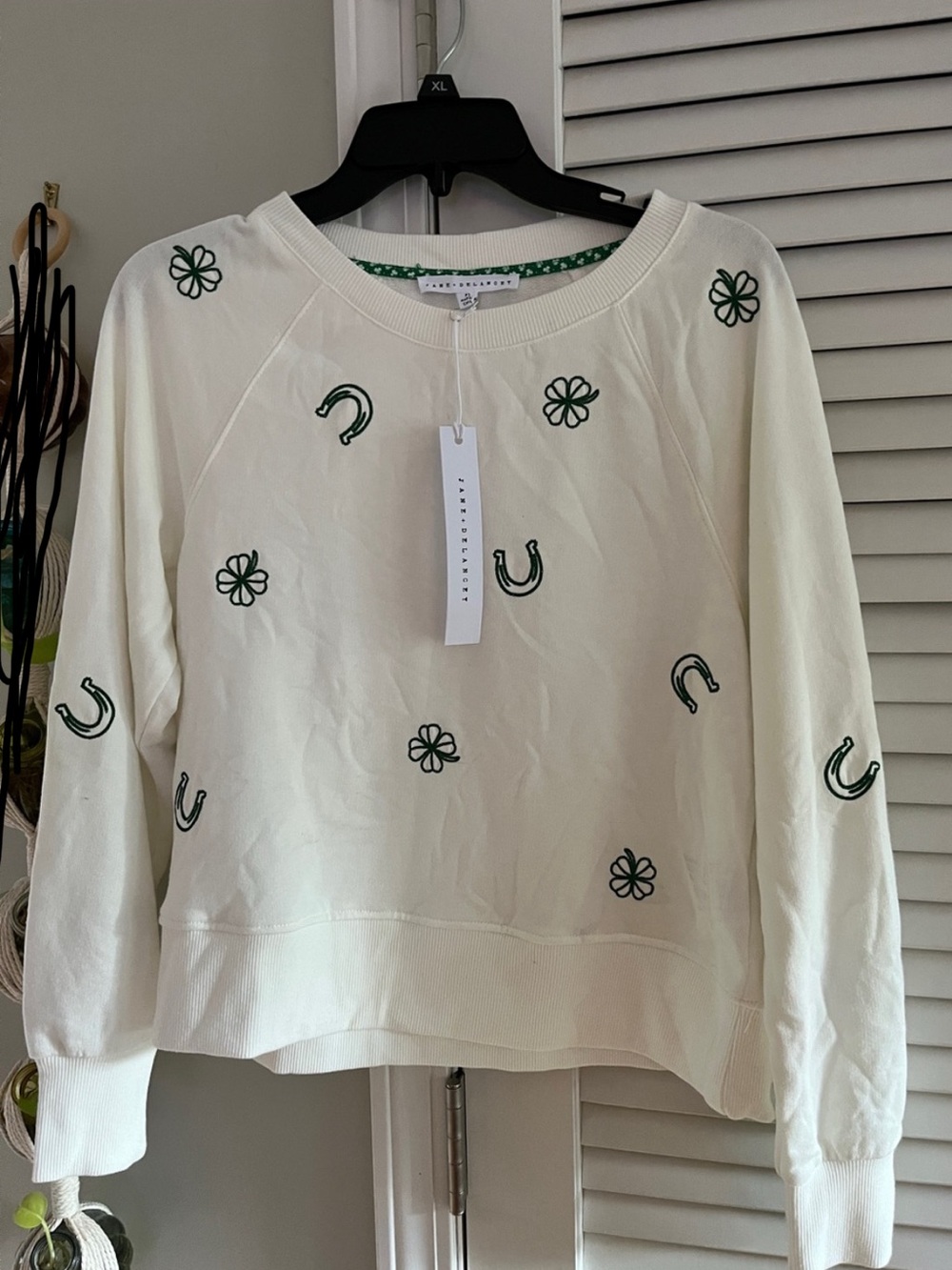 Jane and Delancey Cream Sweatshirt with Green Horseshoe & Clover Motifs